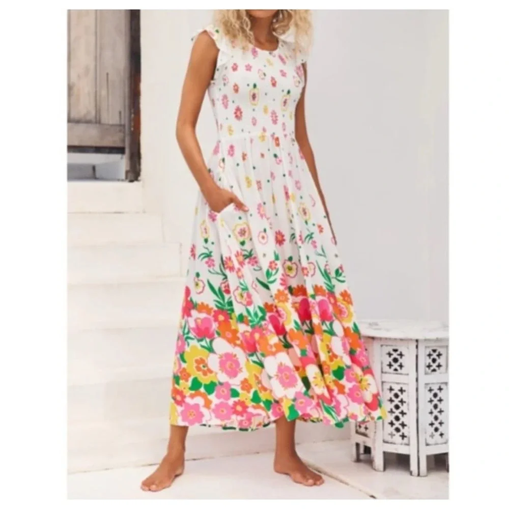 Mister Zimi Abbie Dress White‎ Meadow Floral Smocked Midi Size 10